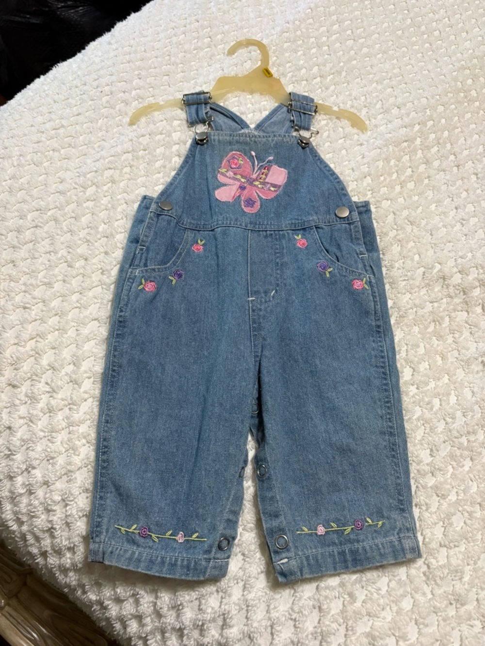 Premier Blue Denim Overalls with Pink Butterfly and Floral Embroidery